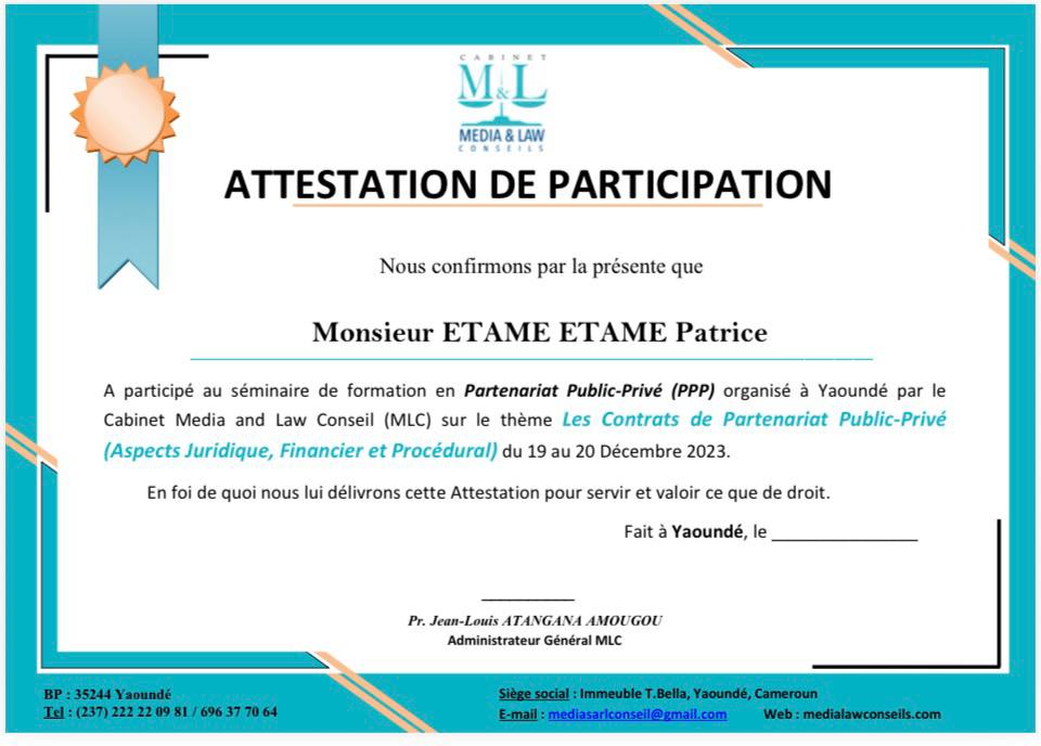 Certificate of participation in the MLC Public-Private Partnerships seminar awarded to Patrice Etame Etame